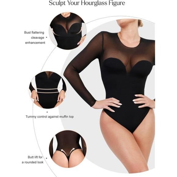 Long Sleeve Mesh Shapewear Bodysuit for Women Tummy Control Sheer Body Suits - Picture 10 of 12